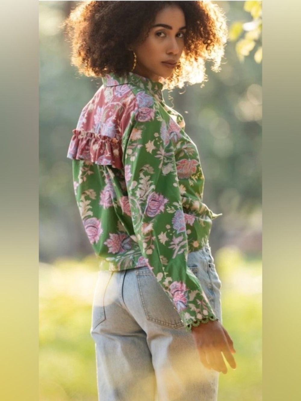 Emily Lovelock Tanisha Floral Button-Up Shirt in Green with Pink & Cream Flowers